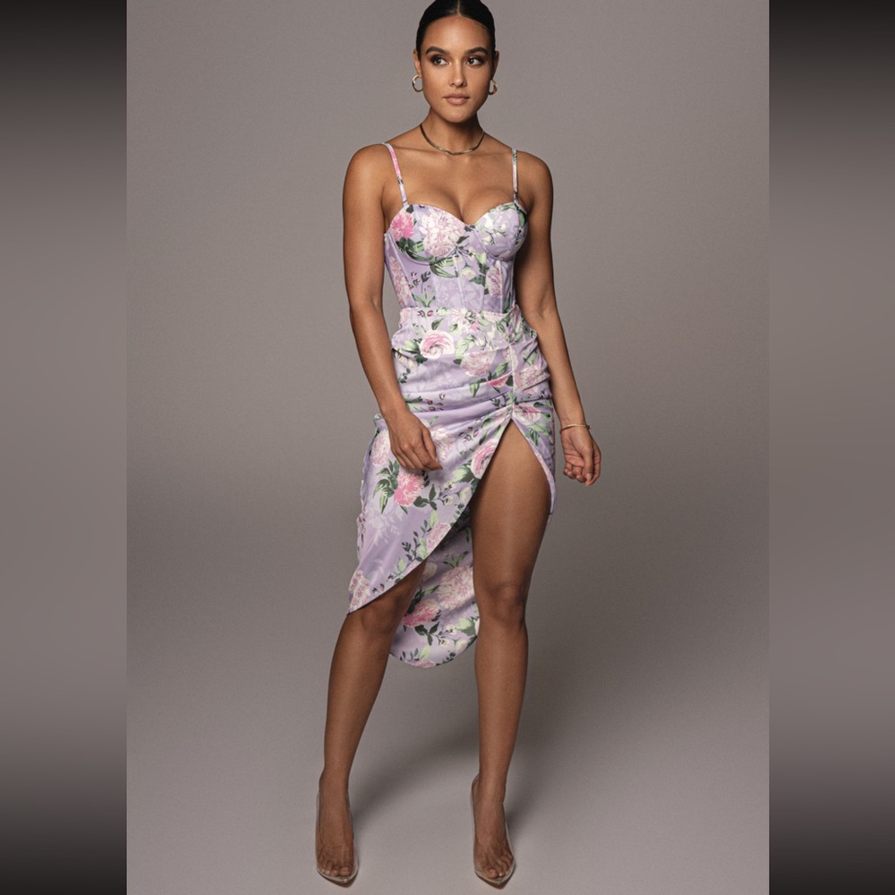 Lilac Floral Satin 2 Piece Corset and Skirt Set- Top Size M, Skirt Size S